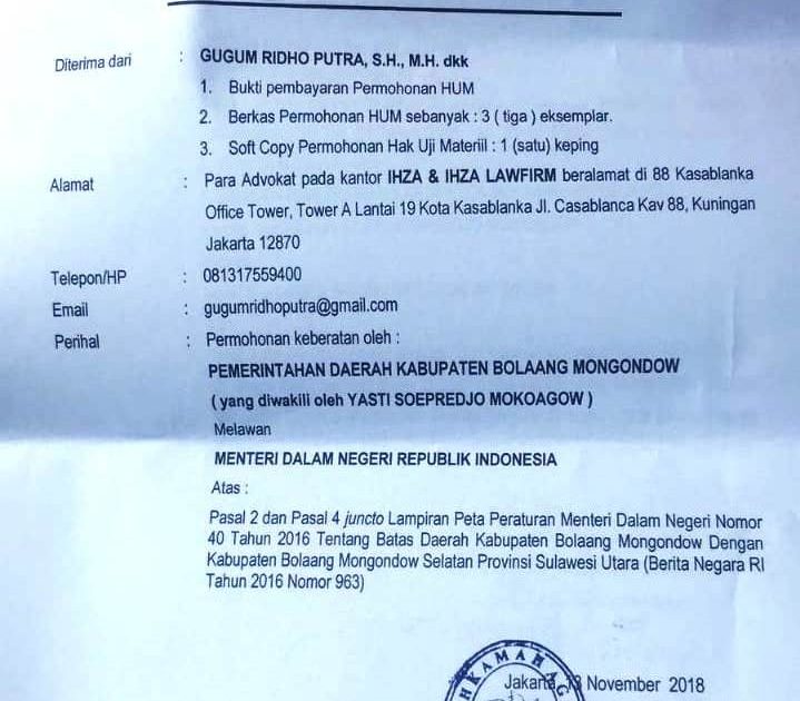 Pemkab Bolmong Resmi Daftarkan Judisial Review Permendagri Nomo 40 Tahun 2016 di MA