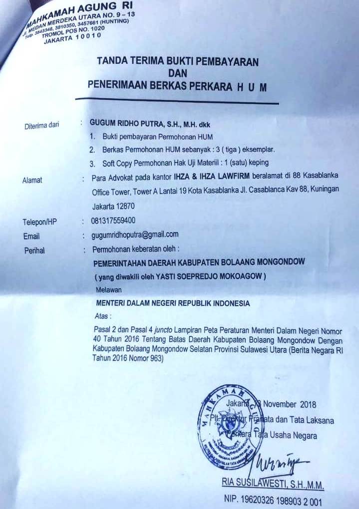 Pemkab Bolmong Resmi Daftarkan Judisial Review Permendagri Nomo 40 Tahun 2016 di MA