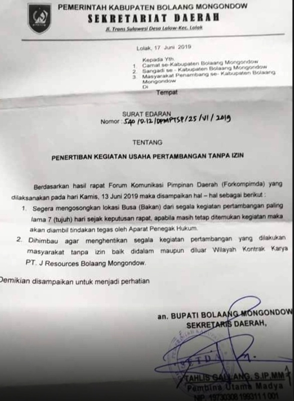 Pemkab Bolmong Tutup PETI Maut di Bukit Busa Desa Bakan