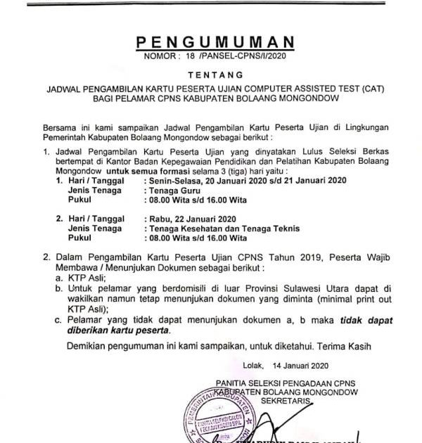 Ini Jadwal Pengambilan Kartu Ujian CPNS Bolmong
