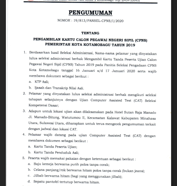 16-17 Januari 2020 Jadwal Pengambilan Nomor Ujian CAT Bagi CPNS Kota Kotamobagu