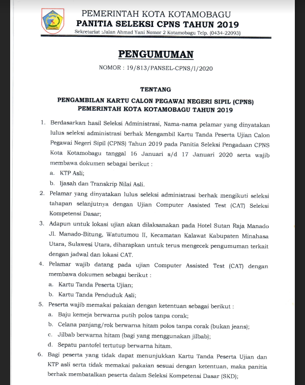 16-17 Januari 2020 Jadwal Pengambilan Nomor Ujian CAT Bagi CPNS Kota Kotamobagu