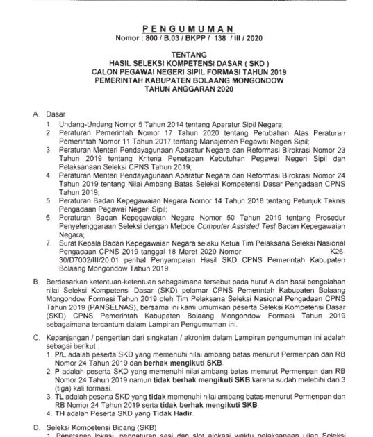 Berikut Ini Pengumuman Hasil Tes SKD CPNS Bolmong