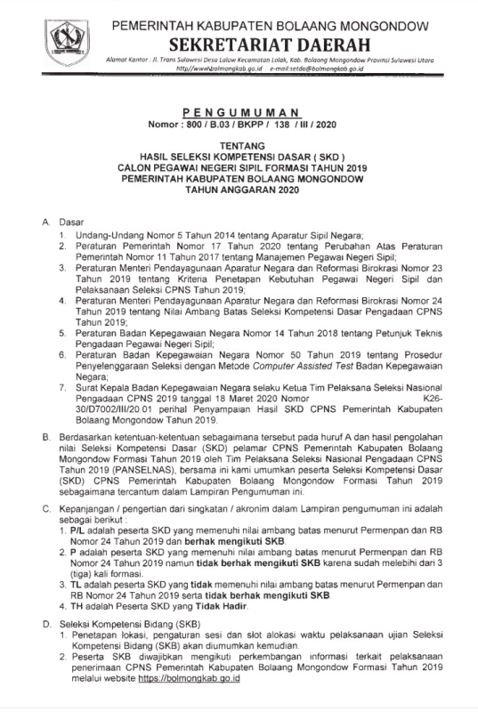 Berikut Ini Pengumuman Hasil Tes SKD CPNS Bolmong