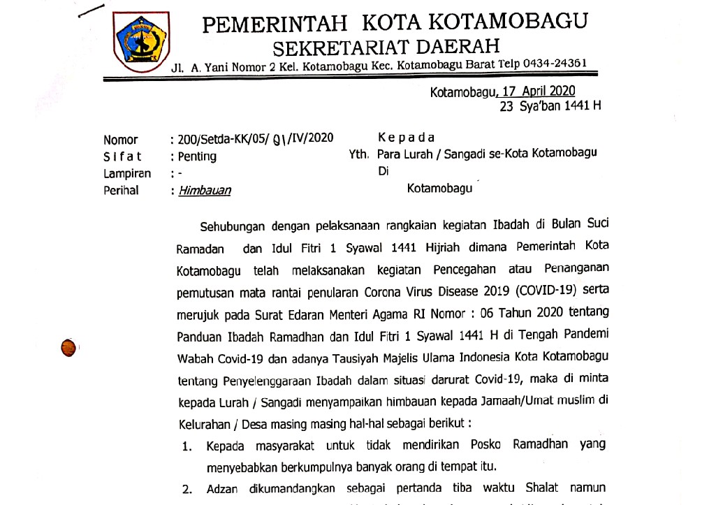 Pemkot Kotamobagu Keluarkan Edaran Pelaksanaan Ibadah Ramadhan Tahun 2020