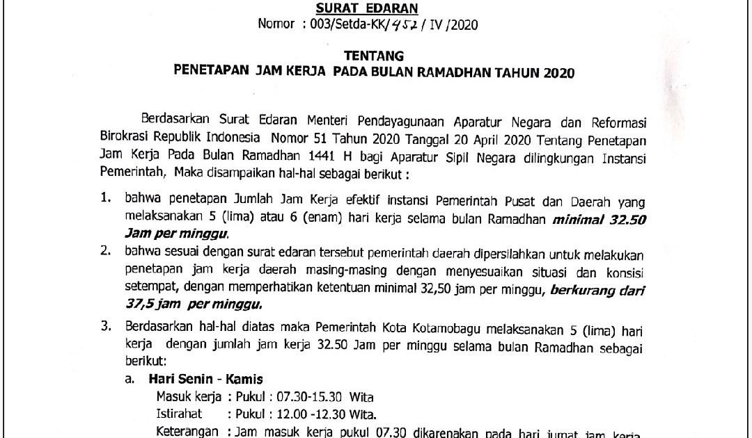 Pemkot Kotamobagu Atur Jam Kerja ASN di Bulan Ramadhan Tahun 2020