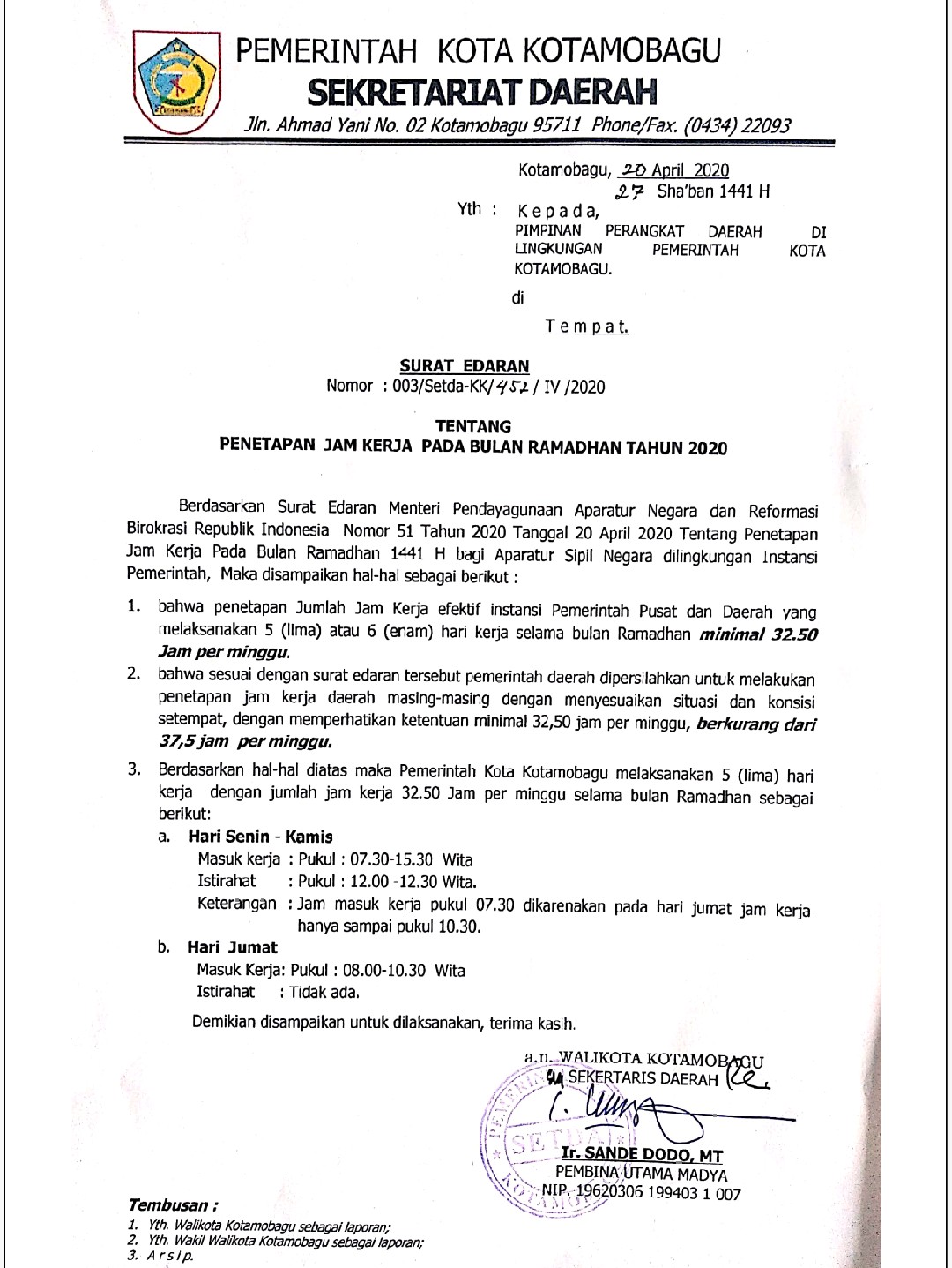 Pemkot Kotamobagu Atur Jam Kerja ASN di Bulan Ramadhan Tahun 2020