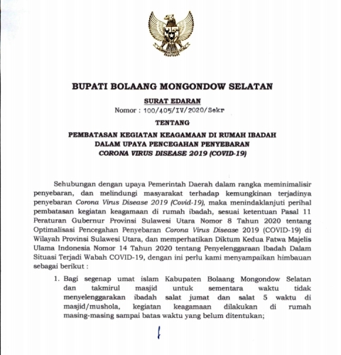 Berikut Ini Isi Surat Edaran Pemkab Bolsel Terkait Pembatasan Kegiatan di Rumah Ibadah