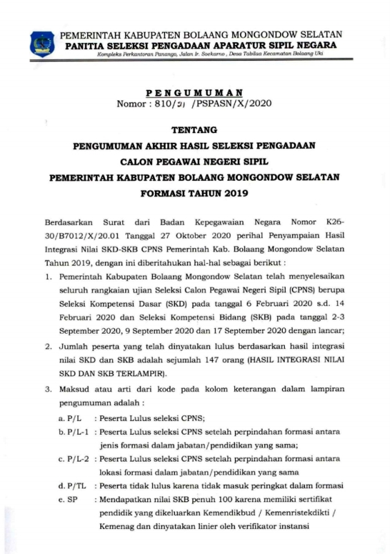 Ini Nama-nama CPNS Bolsel Formasi Tahun 2019 yang Lulus Seleksi