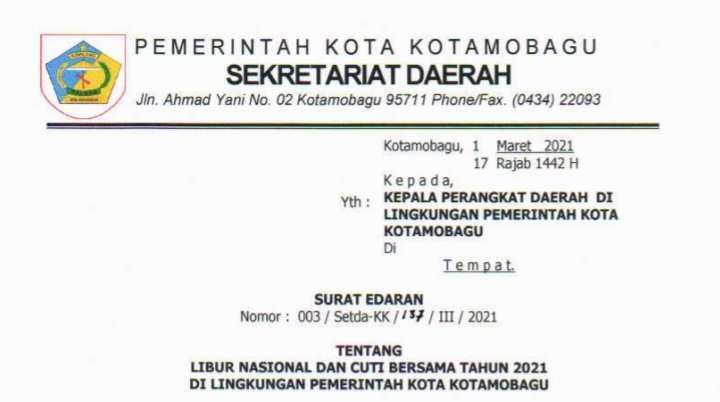 Berikut Isi Surat Edaran yang Diterbitkan Pemkot Kotamobagu Terkait Libur Nasional dan Cuti Bersama
