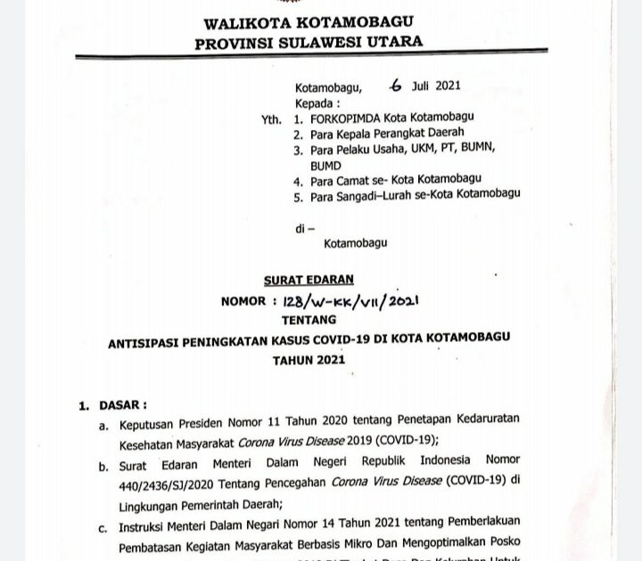 Wali Kota Kotamobagu Keluarkan Surat Edaran Terkait Antisipasi Peningkatan Covid-19