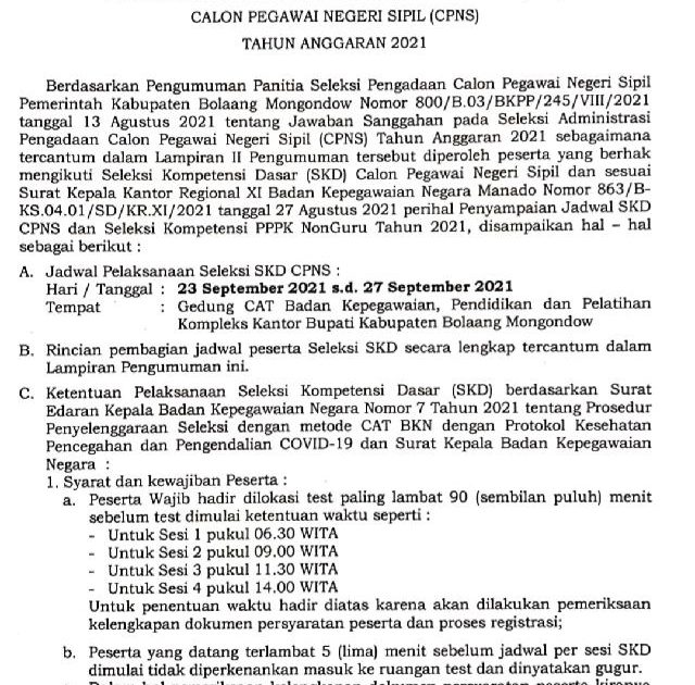 Pemkab Bolmong Umumkan Jadwal SKD CPNS 2021