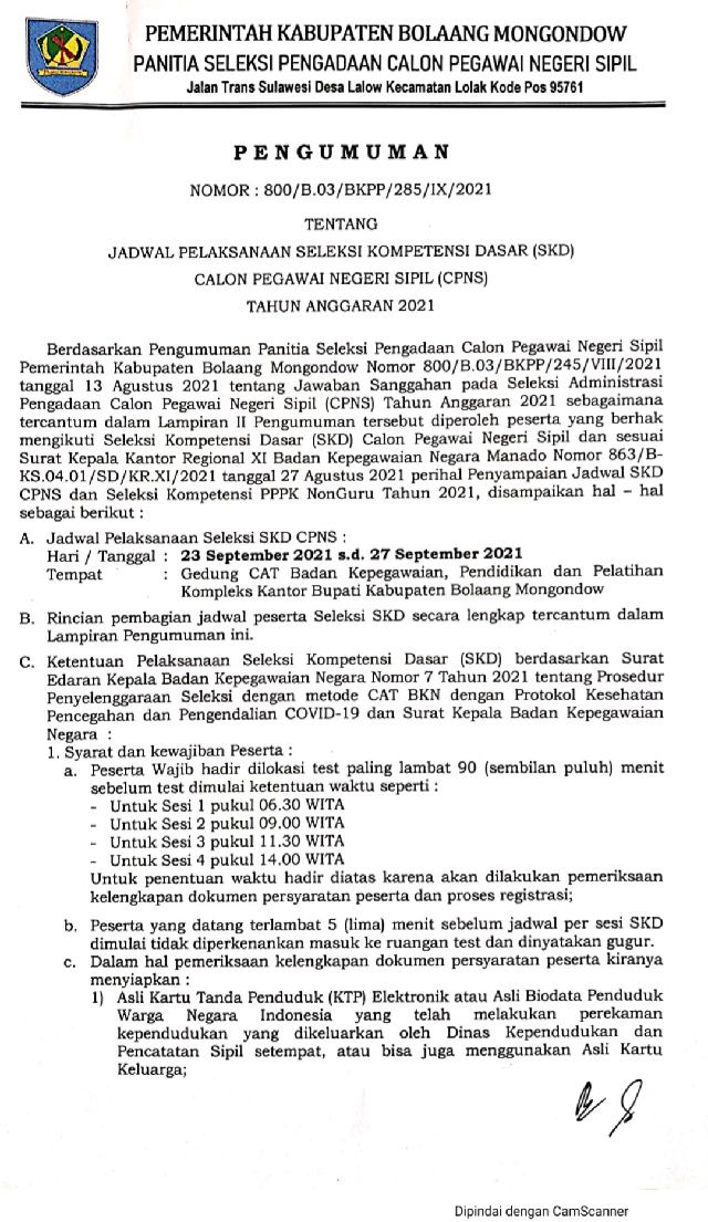 Pemkab Bolmong Umumkan Jadwal SKD CPNS 2021