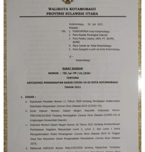 PPKM Level 3 di Kota Kotamobagu Kembali Diperpanjang Sampai 31 Agustus