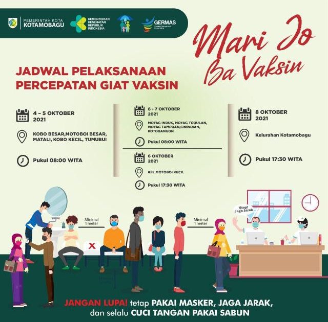 Ini Jadwal Pelaksanaan Vaksinasi di Kotamobagu Mulai 4-8 Oktober 2021