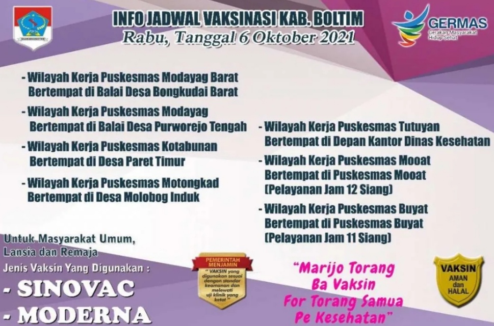Besok Dinkes Boltim Buka Pelayanan Vaksinasi, Ini Lokasinya