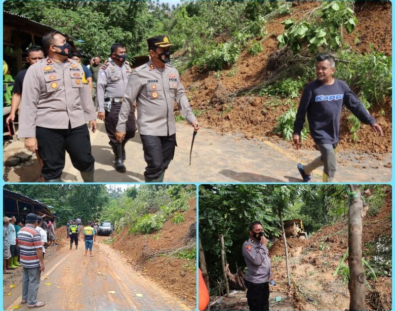 Tinjau Tanah Longsor di Jalur Trans Desa Lobong, Kapolres Kotamobagu Kerahkan Personil Bantu Bersihkan Material