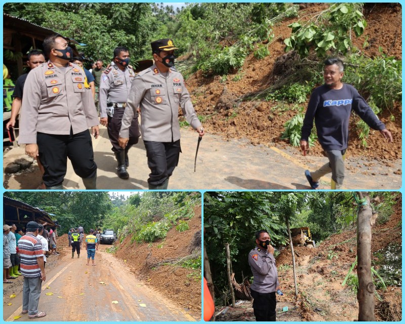 Tinjau Tanah Longsor di Jalur Trans Desa Lobong, Kapolres Kotamobagu Kerahkan Personil Bantu Bersihkan Material