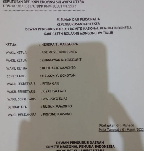 DPD KNPI Sulut Keluarkan SK Pembentukan Pengurus Caretaker DPD KNPI Boltim