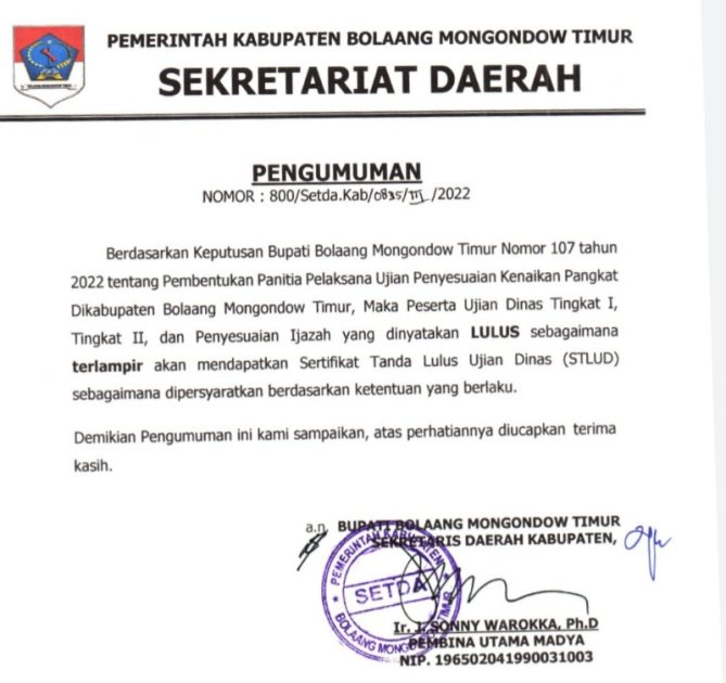 Pemkab Boltim Umumkan Hasil Ujian Kenaikan Pangkat dan Penyesuaian Ijazah