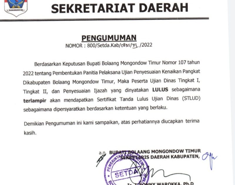 Pemkab Boltim Umumkan Hasil Ujian Kenaikan Pangkat dan Penyesuaian Ijazah