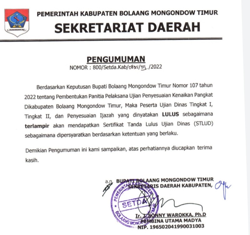 Pemkab Boltim Umumkan Hasil Ujian Kenaikan Pangkat dan Penyesuaian Ijazah