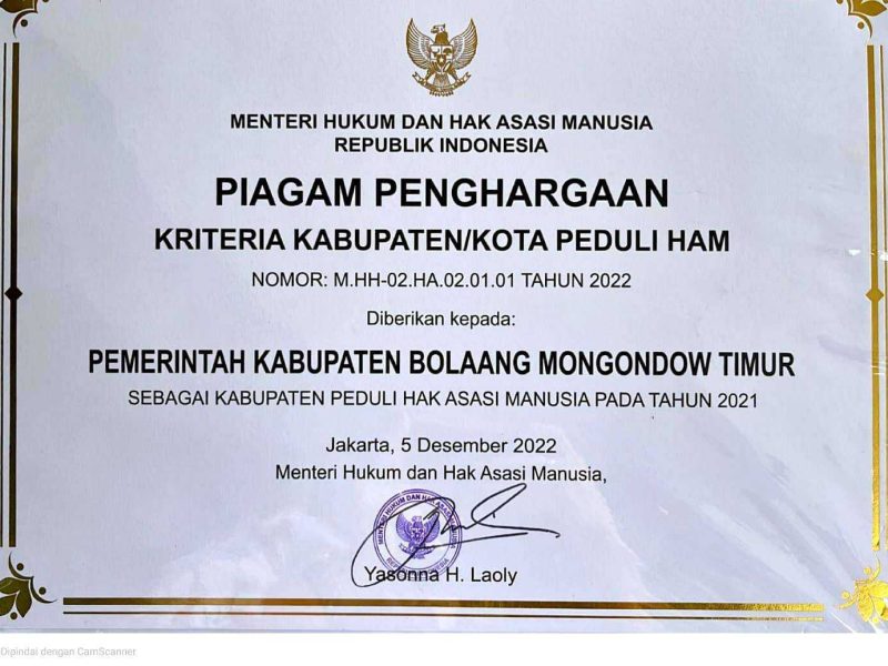 Lagi, Dibawah Pimpinan Bupati Sachrul, Pemkab Boltim Terima Penghargaan dari KemenkumHAM