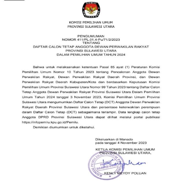 KPU Umumkan DCT Anggota DPRD Provinsi Sulut, Berikut Daftar Lengkapnya