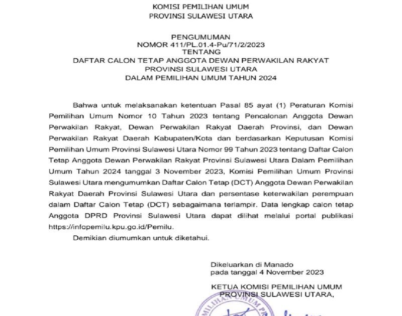 KPU Umumkan DCT Anggota DPRD Provinsi Sulut, Berikut Daftar Lengkapnya