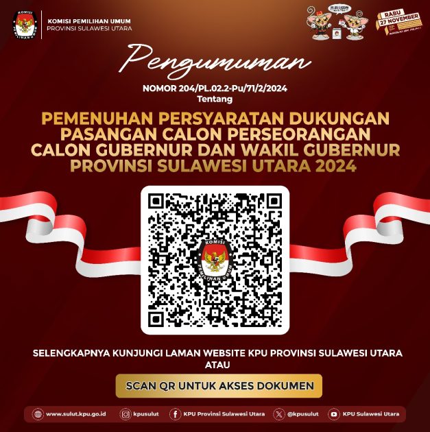 KPU Sulut Umumkan Syarat Dukungan Paslon Gubernur dan Wakil Gubernur Sulut 2024 Jalur Independen, Berikut Isi Pengumumannya
