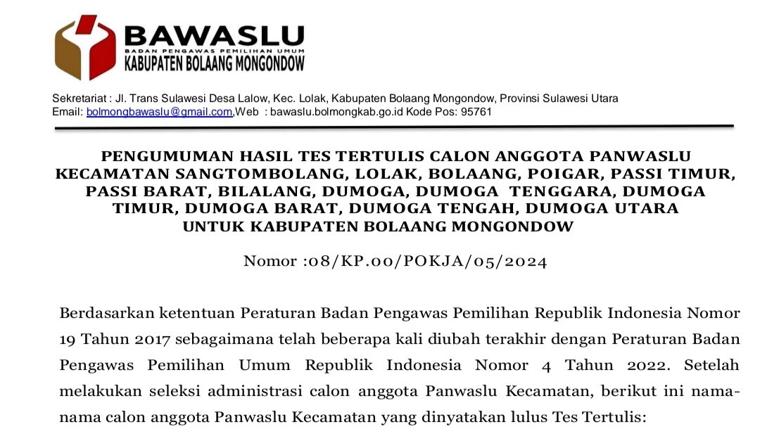 Bawaslu Bolmong Umumkan Hasil Tes Tertulis Calon Anggota Panwaslu Kecamatan, Berikut Tanggal Wawancaranya