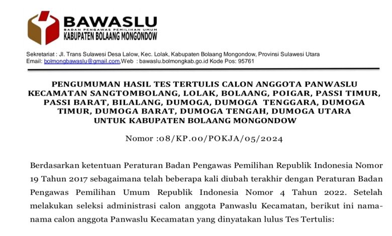 Bawaslu Bolmong Umumkan Hasil Tes Tertulis Calon Anggota Panwaslu Kecamatan, Berikut Tanggal Wawancaranya