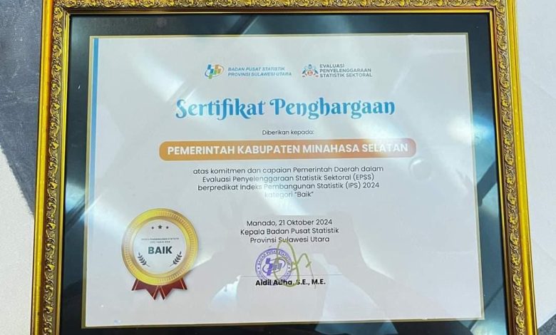 Raih IPS Kategori Baik, Pemkab Minsel dapat Penghargaan dari BPS